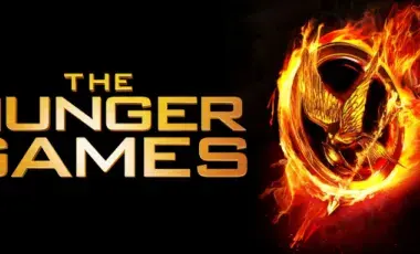 "The Hunger Games" title with a fiery mockingjay emblem on a black background.