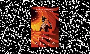 the background is black and white splatters with a book cover of the book Iron Widow 