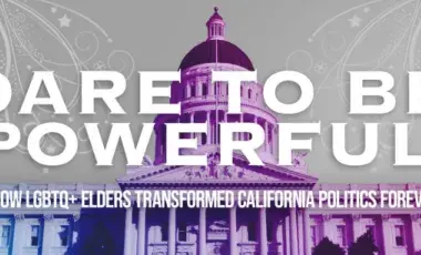 Backgroud image of the White House in ranbow colors with the text 'Dare to be Powerful' in white bold letters