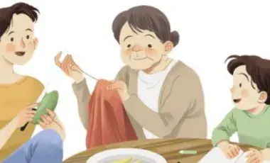 Intergenerational group of women and girl sit around a table talking and sharing a meal together. 