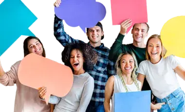6 teens hold different colored empty speech bubbles