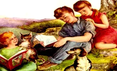 Children in grass field reading books.