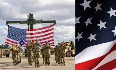 photo of 40th division band in front of an American flag next to a picture of an American flag