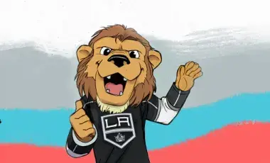 Bailey the L.A. Kings mascot on a background of gray, blue, and red colors.