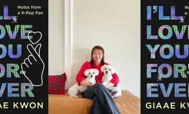 Author Giaae Kwon is shown in a red sweater with two small white dogs. Beside her are the cover of her book, "I'll Love You Forever: Notes from a K-Pop Fan"