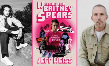 Authors Jeff Weiss and Rosecrans Baldwin flank the cover of Waiting for Britney Spears, which is a collage of pictures of the singer next to tabloid headlines and Los Angeles landmarks like the Viper Room and Chateau Marmont