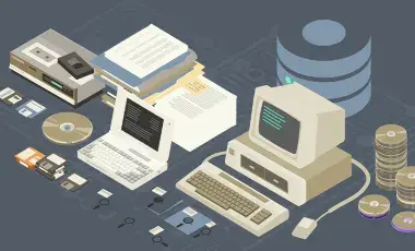 illistration of retro technology, a computer, floppy disc, VHS player and stack of paper