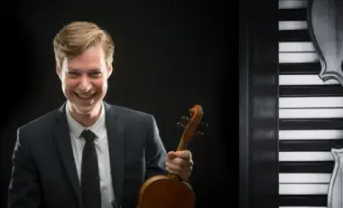 picture of jason issokson holding a violin; second picture of piano and violin together