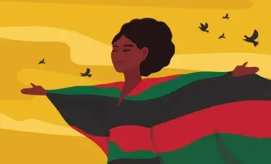 stylized illustration of a black women wearing a robe of red black and green, facing the wind with birds flying in the background