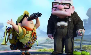 boy with binoculars and old man with cane