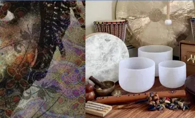 Diana Wallace painting on left, with instruments for sound bath on right