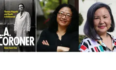 Book cover of"LA Coroner," head shot of author Anne Soon Choi, and head shot of author Naomi Hirahara