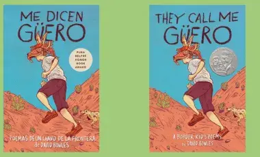 The cover of the book Me Dicen Guero on the left and The Call Me Guero on the right over a yellow-green background.