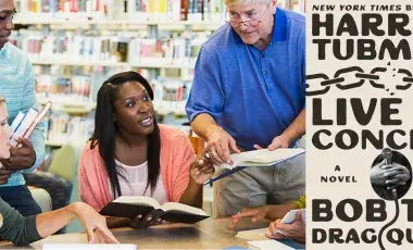 two photos: one of a group discussion and the other is the book cover