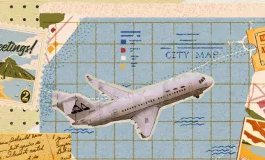 Travel scrapbook page with a map, stamp, and a plane.