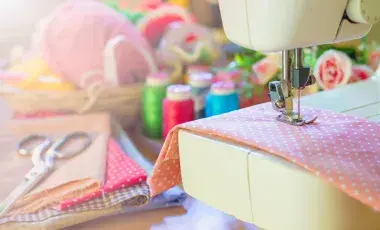 Sewing machine and colorful fabrics.