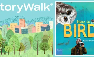 a green park is foreground to a city skyline in the background. The book cover for How to Bird is to the right. 