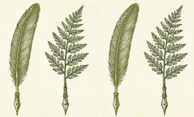 Quill for writing with feathers that look like leaves.