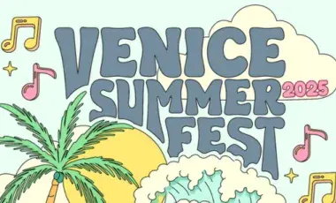 Venice Summer Fest poster highlighting a piece of cloud, music notes floating in the air, a palm tree, the sun, and ocean waives in pastel drawing