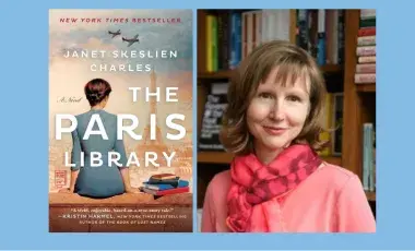 To the left is the cover of the book The Paris Library, featuring a seated woman seen from behind wearing a blue dress and looking toward the city of Paris with the Eiffel Tower in the distance. To the right is a photo of the author, wearing a light pink top and dark pink scarf, standing in front of a bookcase full of books.