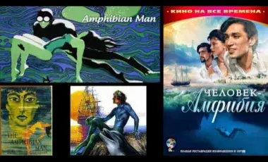 man carrying a woman under water, man sitting with a dolphin, two men and a woman looking towards the sea, sail ship