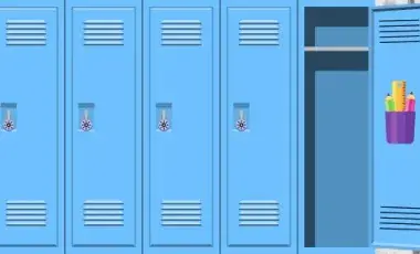 An open locker with a pencil case attached to the inside door.