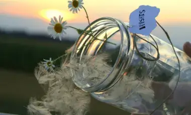 Photo of a jar of wishes and dandelion blowballs 