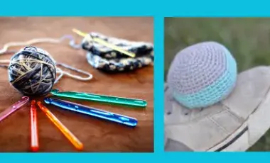 ball of yarn with crochet needles on left and crocheted hacky sack resting on shoe on the right 