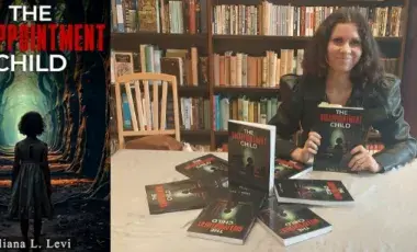 An image of a title cover and a woman with a stack of books.