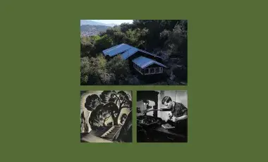 A group of three images made up of a photograph of Paul Landacre working on a print, a photograph of a print by Paul Landacre with a stairway leading to a large tree, and an aerial view of the Landacre House