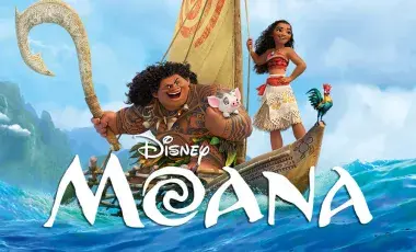Moana and Maui riding on a sailboat in the ocean
