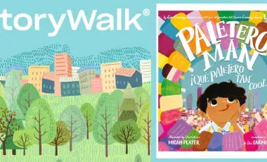 On the left is an illustrated landscape with blue sky, skyline of colorful city buildings, and green grassy space with various types of trees. On the left is the illustrated cover of a book with colorful squares of popsicles creating a circle with the image of a boy with short dark hair in the center and a background of blue sky and a skyline of buildings.