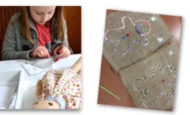 A girl sewing and a burlap sheet with person sewn on 