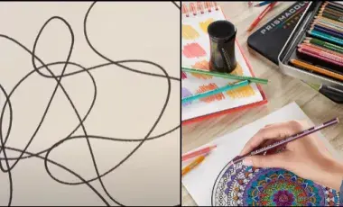 half of image is a zentangle frame, the other half is a hand coloring a sheet with a tableful of coloring pencils around
