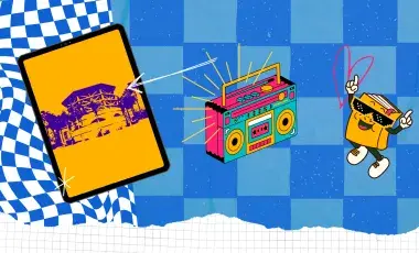 Collage with boombox and a graphic of a book wearing sunglasses.