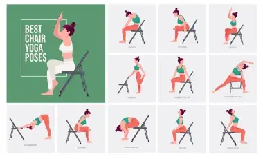 Depictions of 11 different chair yoga poses. 