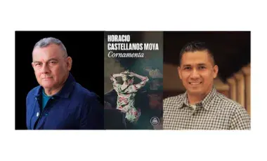 Headshots of Horacio Castellanos Moya and Soudi Jiménez and the cover of the book Cornamenta
