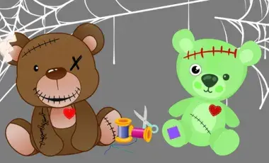 Two Zombie teddy bears on a spooky grey background with spiderwebs 
