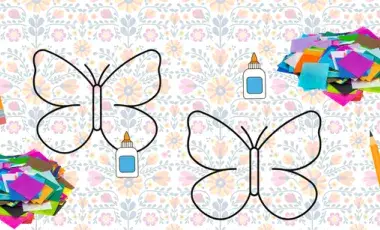 Two pencils, two bottles of glue and two outlines of butterflies on a semitransaparent background of a Spanish style tile. 