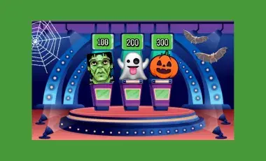 Halloween characters onstage playing trivia