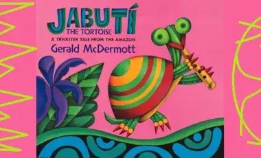 Book cover Jabuti the Tortoise by Gerald McDermott a tortoise playing a flute standing on brightly colored leaves against a pink background