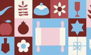 Jewish Holiday symbols in blue, white, and maroon colors.