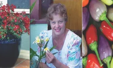 Flowers, vegetables and a woman holding flowers