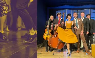 Two photos: first is a close-up of swing dancer feet, the second is a photo of the Pepper Moons swing dance band