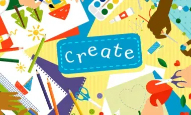 Image of various art supplies with the word "create" at the center. 