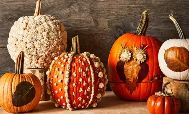 Five pumpkins decorated in different ways. 