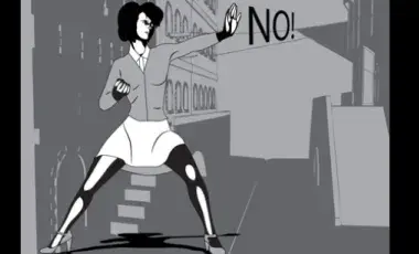 black and white graphic of woman punching 