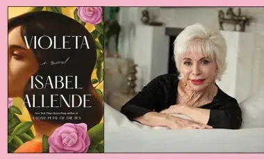 To the left is the cover of the book Violeta, featuring an illustration of a dark haired woman on a yellow background with pink flowers. To the right is Isabel Allende, seated on a cream colored sofa wearing a black shirt.