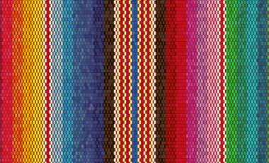 Colorful serape pattern with vertical stripes of red, yellow, blue, pink, and green. Each stripe features a smaller geometric motif creating a vibrant, lively tone.