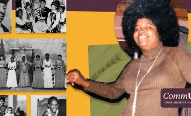 Collage of an African American woman and black and white photographs against a deep yellow, plum, and green background.